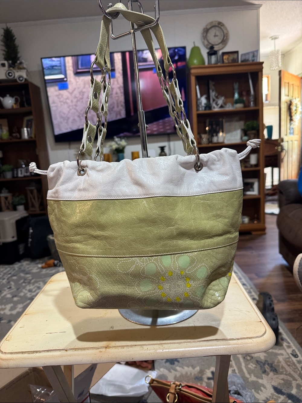 White and Light Green Floral-Accent Lanzetti Italian Leather Shoulder Bag
